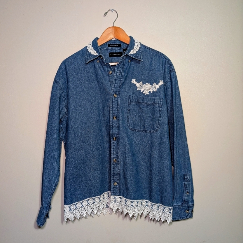 Blue Denim Shirt with Lace embroidery‎ Size M